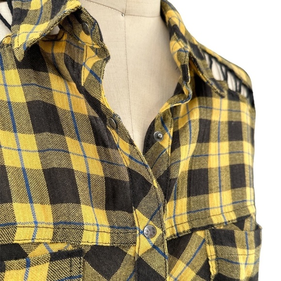 Free People Gauzy Plaid Lace Up Button Down Top Yellow Size S - Picture 5 of 9